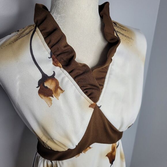 VINTAGE 70s maxi dress ruffle‎ sleeveless brown floral L - Picture 12 of 12